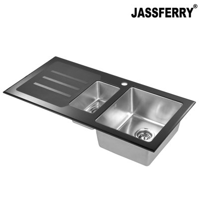 JASSFERRY Black Glass Top Kitchen Sink Stainless Steel 1.5 Deep Bowl Left Hand Drainer with Draining Groove