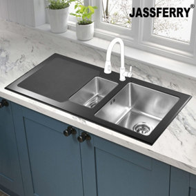 JASSFERRY Black Glass Top Kitchen Sink Stainless Steel One Half Bowl Left Hand Drainer, 1000 X 500 mm