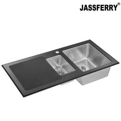 JASSFERRY Black Glass Top Kitchen Sink Stainless Steel One Half Bowl Left Hand Drainer, 1000 X 500 mm