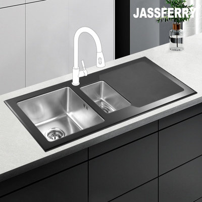 JASSFERRY Black Glass Top Kitchen Sink Stainless Steel One Half Bowl Right Hand Drainer 1000 X 500 mm DIY at B Q