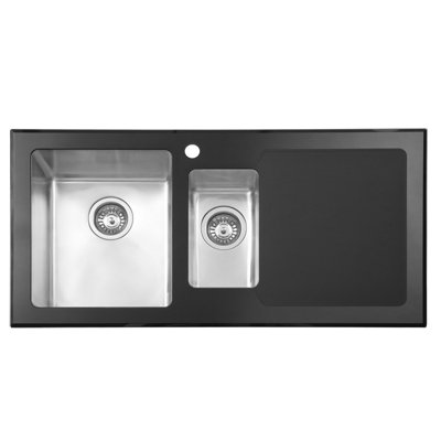 JASSFERRY Black Glass Top Kitchen Sink Stainless Steel One Half Bowl Right Hand Drainer, 1000 X 500 mm