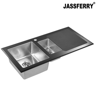 JASSFERRY Black Glass Top Kitchen Sink Stainless Steel One Half Bowl Right Hand Drainer, 1000 X 500 mm