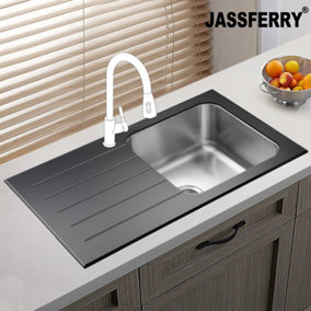 JASSFERRY Black Glass Top Kitchen Sink Stainless Steel Single 1 Bowl Left Hand Drainer
