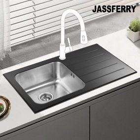 JASSFERRY Black Glass Top Kitchen Sink Stainless Steel Single 1 Bowl Right Hand Drainer