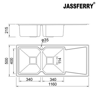 JASSFERRY Brilliant Inset Kitchen Sink 1.2 mm Stainless Steel Double Bowl Right Hand Drainer Square Strainer Plug