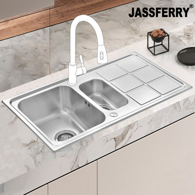 JASSFERRY Brilliant Stainless Steel Kitchen Sink 1.5 Bowl Reversible Rectangle Drainer, 970 X 500 mm