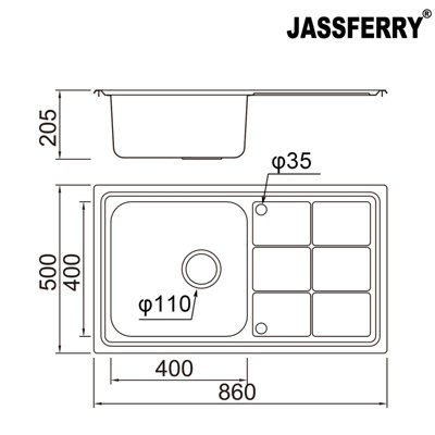 JASSFERRY Brilliant Stainless Steel Kitchen Sink Single Bowl Reversible Rectangle Drainer, 860 x 500 mm