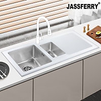 JASSFERRY Brilliant White Glass Kitchen Sink Stainless Steel 1.5 One Half Bowl Right Hand Drainer, 1000 X 500 mm