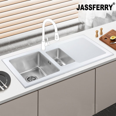 JASSFERRY Brilliant White Glass Kitchen Sink Stainless Steel 1.5