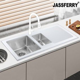 JASSFERRY Brilliant White Glass Kitchen Sink Stainless Steel 1.5 One Half Bowl Right Hand Drainer, 1000 X 500 mm