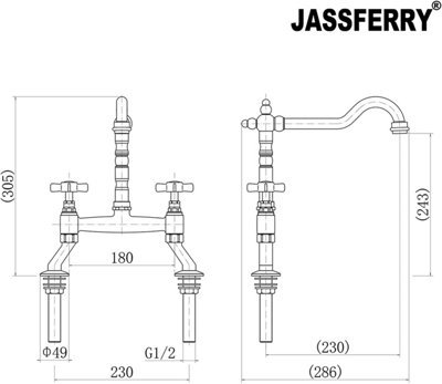 JASSFERRY Classic Kithcen Bridge Mixer Tap 2 Crosshead Handle Chrome