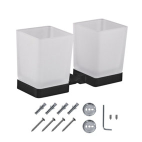 JASSFERRY Double Wall Mounted Toothbrush Tumbler Holder Frosted  Black Glass Square Cup