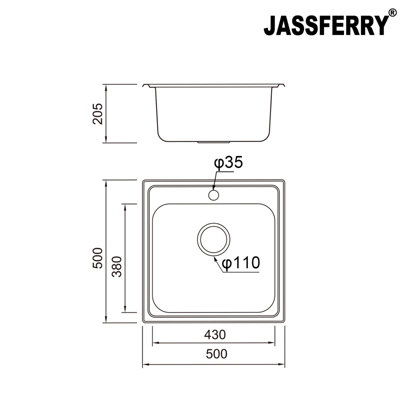 JASSFERRY Drop-in Kitchen Sink Stainless Steel Single Square Bowl Campervan RV
