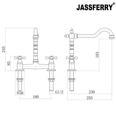 JASSFERRY French Bridge Mixer Tap Fixed 2 Hole Kitchen Sink Faucet Crosshead Handles Chrome