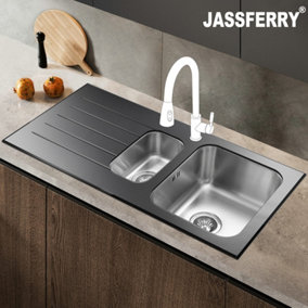 JASSFERRY Glossy Black Glass Top Kitchen Sink Stainless Steel 1.5 Bowl Left Hand Drainer