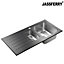 JASSFERRY Glossy Black Glass Top Kitchen Sink Stainless Steel 1.5 Bowl Left Hand Drainer