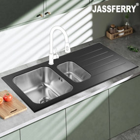 JASSFERRY Glossy Black Glass Top Kitchen Sink Stainless Steel 1.5 Bowl Right Hand Drainer
