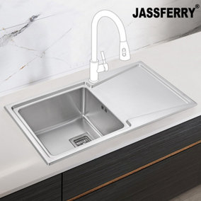 JASSFERRY Inset Kitchen Sink 1.2 mm Stainless Steel 1.5 Large Bowl Right Drainer Square Strainer