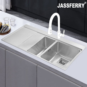 JASSFERRY Inset Kitchen Sink 1.2 mm Thickness Stainless Steel 1.5 Rectangle Bowl Lefthand Drainer Square Strainer Plug