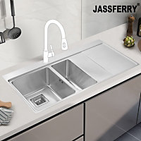 JASSFERRY Inset Kitchen Sink 1.2 mm Thickness Stainless Steel 1.5 Rectangle Bowl Righthand Drainer Square Strainer Plug
