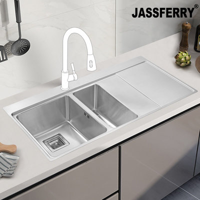 JASSFERRY Inset Kitchen Sink 1.2 mm Thickness Stainless Steel 1.5 Rectangle Bowl Righthand Drainer Square Strainer Plug