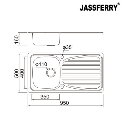 JASSFERRY Inset Kitchen Sink Stainless Steel Basic 1 Bowl Reversible ...