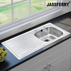 JASSFERRY Inset Stainless Steel Single Bowl Kitchen Sink Left Hand Drainer Two Pre-drilled Tap Hole, 930 x 480 mm