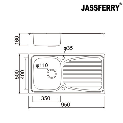 JASSFERRY Kitchen Sink Inset Stainless Steel Single Bowl Reversible Drainer