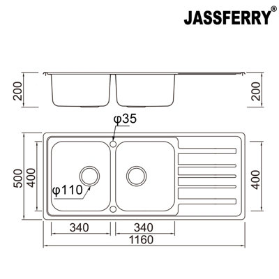 JASSFERRY Kitchen Sink Stainless Steel Matt Inset Double Large Bowl Reversible Drainer