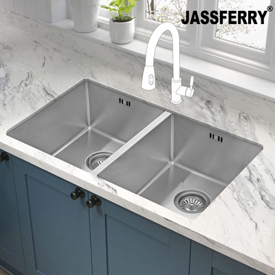JASSFERRY Kitchen Sink Undermount Handmade 1.2mm Thickness Stainless Steel Double 2 Bowl, 745 X 440 mm