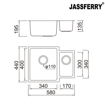 JASSFERRY Kitchen Sink Undermount Stainless Steel 1.5 Tight Radius Bowl, 580 X 440 mm