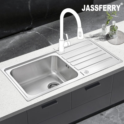 JASSFERRY Stainless Steel Kitchen Sink Reversible Drainer Single Bowl Pipes