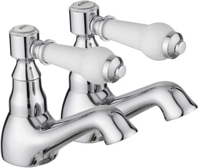 JASSFERRY Pair of Basin Pillar Taps Hot and Cold Water Bathroom Sink White Ceramic Lever, 1/2"