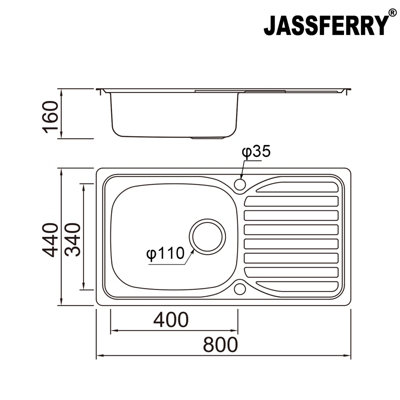 JASSFERRY Stainless Steel Kitchen Sink 1.0 Single Bowl Topmount Reversible Drainer