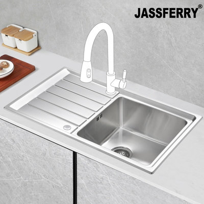 JASSFERRY Stainless Steel Kitchen Sink Reversible Drainer Single Bowl Pipes