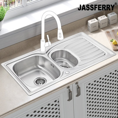 JASSFERRY Stainless Steel Kitchen Sink Inset 1.5 Bowl Reversible Drainer, 980 x 510 mm