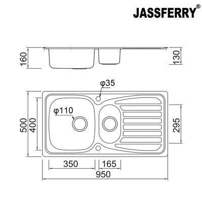 JASSFERRY Stainless Steel Kitchen Sink Inset 1.5 Bowl Reversible Drainer