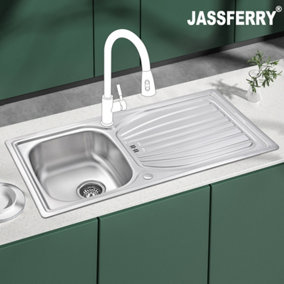 JASSFERRY Stainless Steel Kitchen Sink Single Bowl Reversible Drainer, Top Overflow Hole Design, 980 x 510 mm