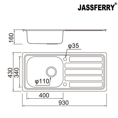 JASSFERRY Stainless Steel Kitchen Sink Single Bowl Reversible with Waste Pipes Clips, 930 x 430 mm
