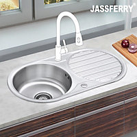 JASSFERRY Stainless Steel Single Round Bowl Inset Kitchen Sink Caravan Reversible Drainboard