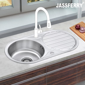 JASSFERRY Stainless Steel Single Round Bowl Inset Kitchen Sink Caravan Reversible Drainboard