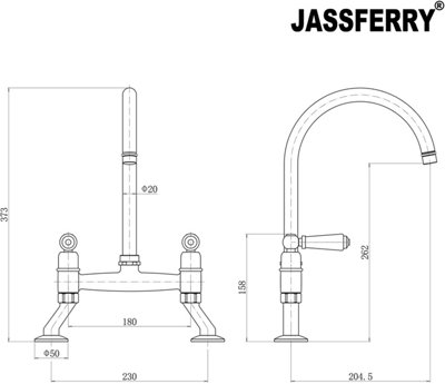 JASSFERRY Traditional Kithcen Bridge Mixer Tap 2 White Ceramic Lever Chrome