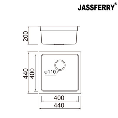 JASSFERRY Undermount Kitchen Sink Single Bowl Stainless Steel Dish Drainer Rack, 440 x 440 mm