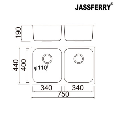 JASSFERRY Undermount Square Stainless Steel Kitchen Sink 2 Double Bowl