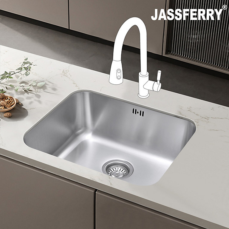 JASSFERRY Undermount Stainless Steel Kitchen Sink 1.0 Single Bowl, 550 x 450 mm | DIY at B&Q