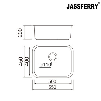 JASSFERRY Undermount Stainless Steel Kitchen Sink 1.0 Single Bowl, 550 x 450 mm
