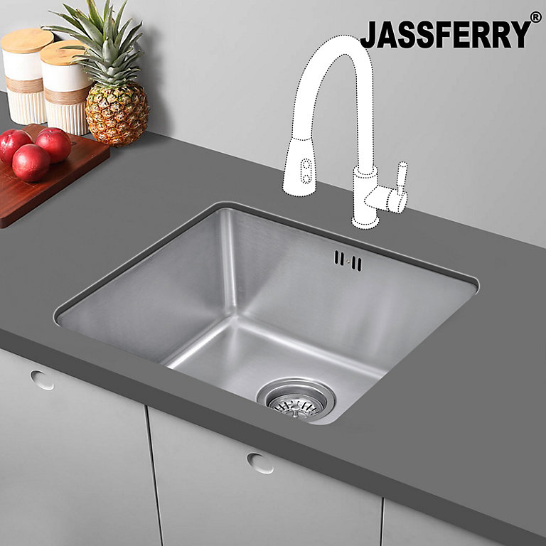 JASSFERRY Undermount Stainless Steel Kitchen Sink 1 Single Deep Square Bowl, 490 x 440 mm | DIY at B&Q