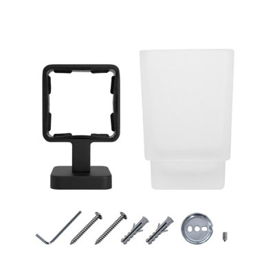 JASSFERRY Wall Mounted Toothbrush Tumbler Holder Single Frosted Black Glass Square Cup