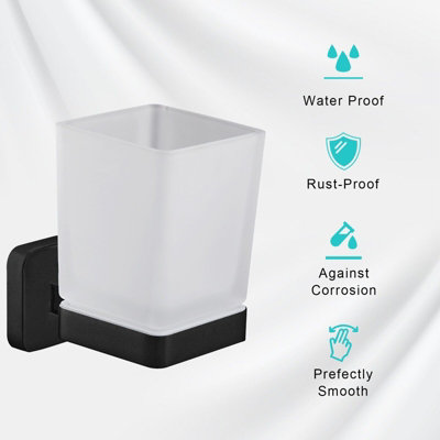 JASSFERRY Wall Mounted Toothbrush Tumbler Holder Single Frosted Black Glass Square Cup