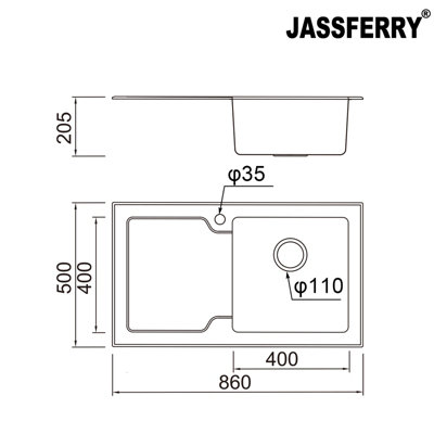 JASSFERRY White Glass Top Kitchen Sink Stainless Steel Single Bowl Left Hand Frosted Drainboard, 860 x 500 mm